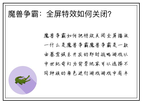 魔兽争霸：全屏特效如何关闭？